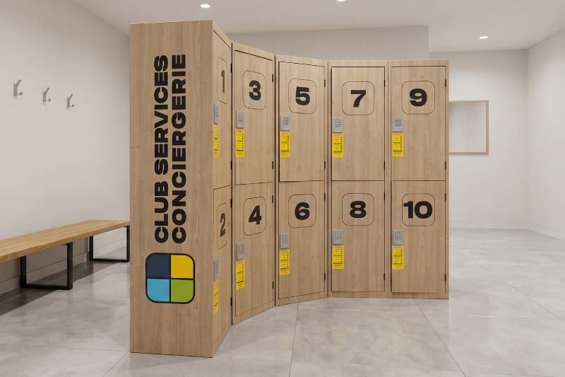 Habillage de casiers imitation bois pour 2 conciergeries d’entreprises de Club Services